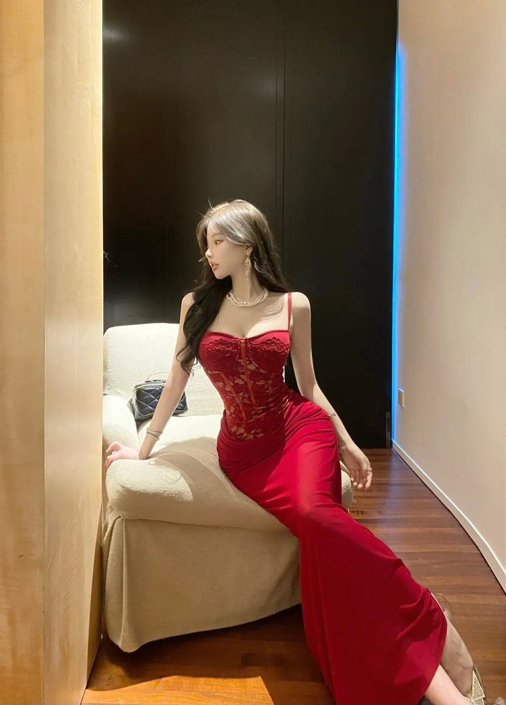 LIZAKOSHT  -  Women's Pure Desire Wind Red Lace Waist Dress Dress