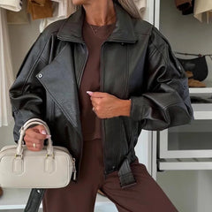 LIZAKOSHT  -  Casual Long Sleeve Solid Street Jacket Women's Elegant Lapel Zipper Loose Short Coats Autumn Winter Fashion PU Leather Outerwear