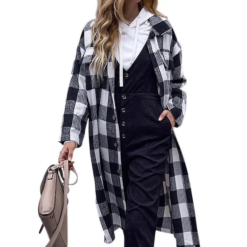 LIZAKOSHT -  Women's Slim Long-sleeved Ladies Overcoat Jacket Autumn and Winter Fashion New Lapel Black and White Plaid Windbreaker