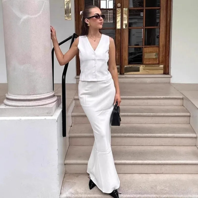 LIZAKOSHT  -  White Long Dress Set V-Neck Sleeveless Vest Top Elegant Long Skirt Set Summer Fashion Party Looks Women Long Dress Set