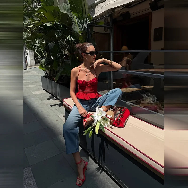 LIZAKOSHT  -  Red Halter Backless Ruffle Crop Top Women Ruched Bust Frill Hem Slim Fit Summer Casual Y2K Sleeveless Camisole for Beach Date