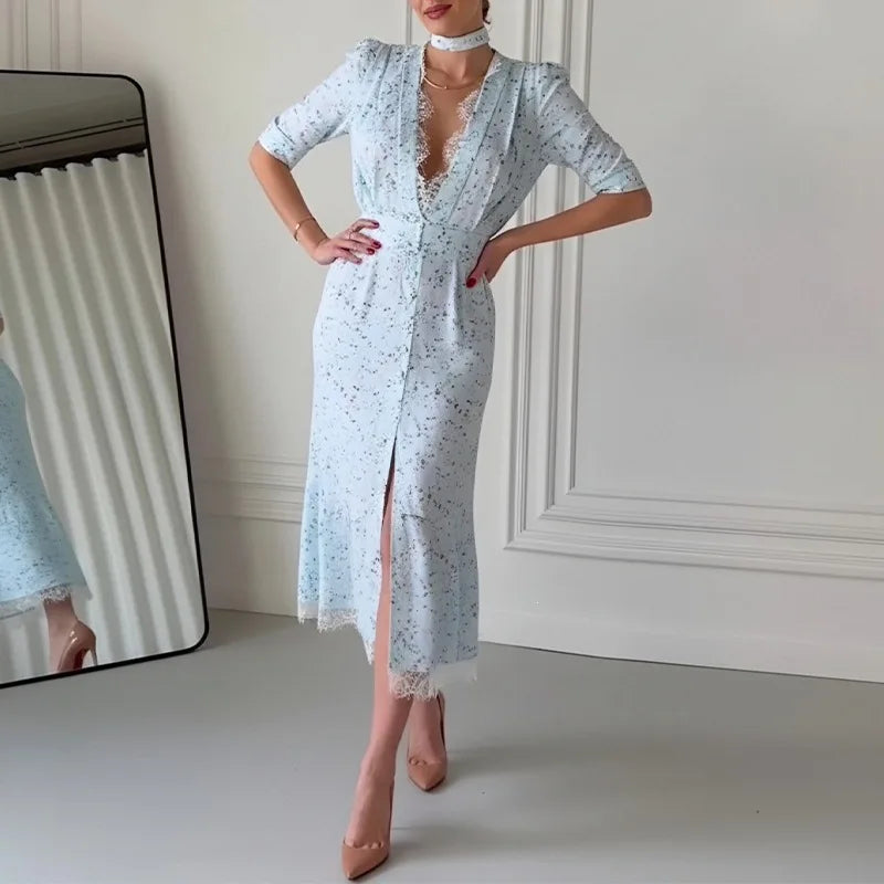LIZAKOSHT  -  Chic Lace Trimmed Printed Dress Women Elegant Deep V-neck Waist Cinching Split Short Sleeve Maxi Dress Lady Party Vestidos