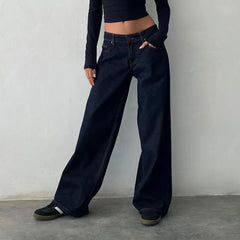 LIZAKOSHT  -  Loose Fit Boyfriend Straight Wide Leg Jeans Women Y2K Aesthetic Low Rise Baggy Jeans Trendy Stretch Long Denim Pants Trousers