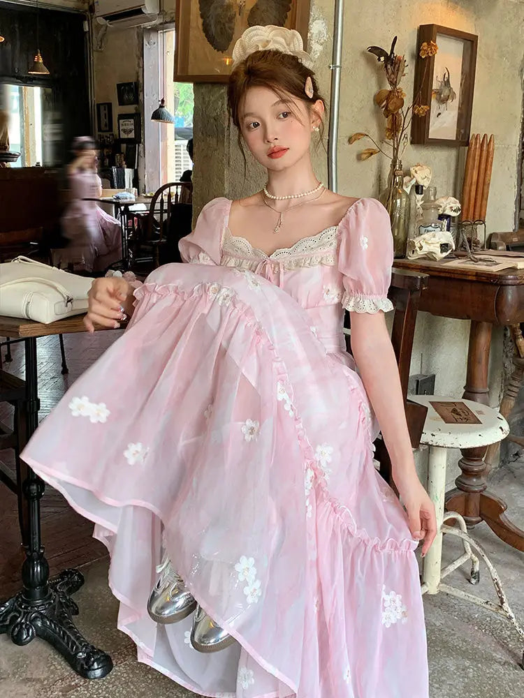 LIZAKOSHT  -  Dress With Lace Embroidery Flowers Pink Gentle And Sweet French Romantic Super Fairy Puff Sleeve Long Dress Large Size Summer