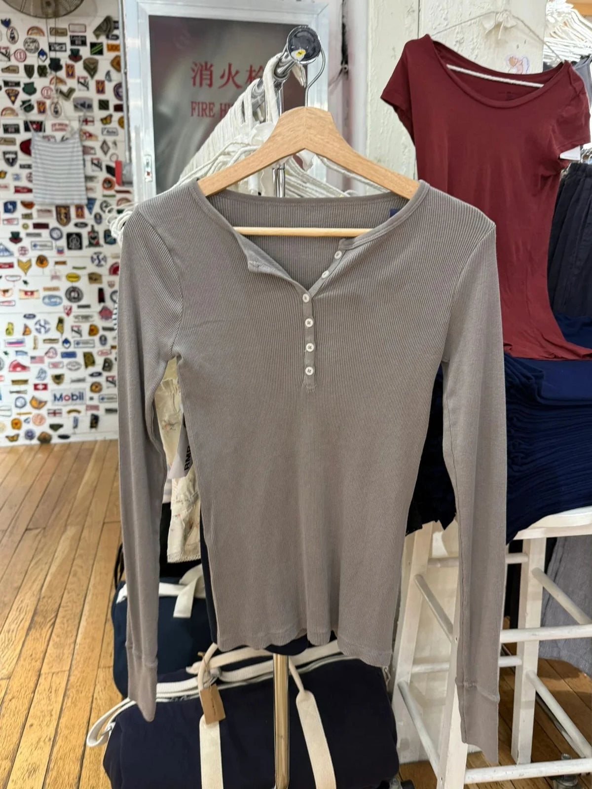 LIZAKOSHT  -  Six Buttons Ribbed Long Sleeve T-shirts Woman Autumn O-neck Cotton Slim Tee Tops Female Casual Simple Solid All-match Tshirt New
