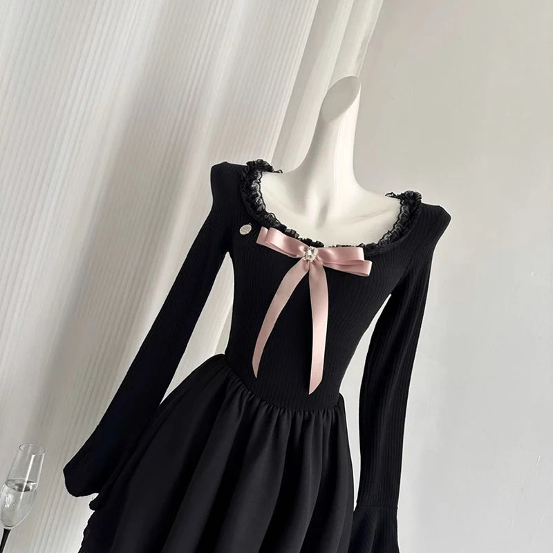 LIZAKOSHT  -  Fashion Sweet Women Mini Dress Autumn Bow Lace Patchwork Slim Fit Long Sleeve Knitted Dress Gentle Elegant Chic Female Vestidos