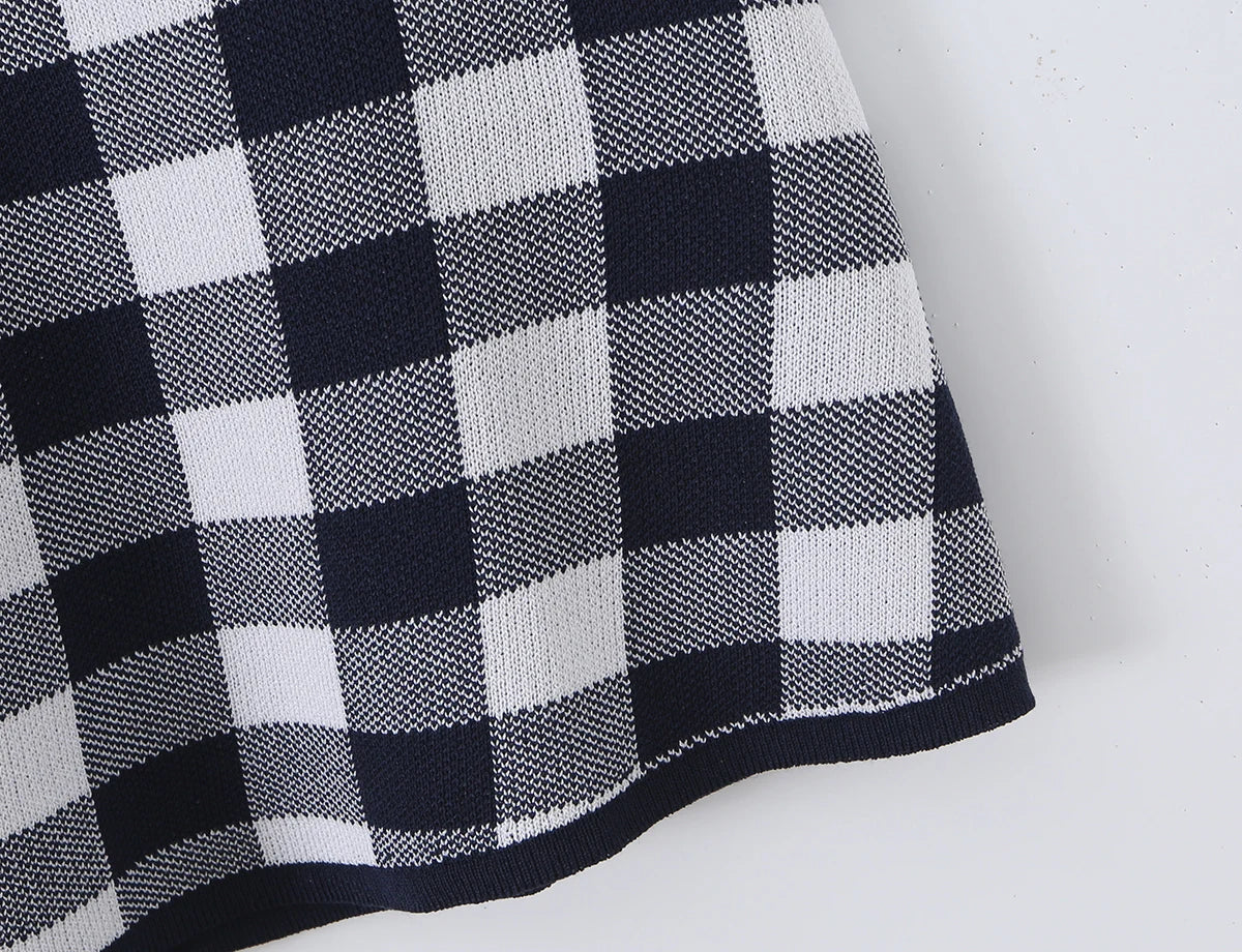 LIZAKOSHT  -  Autumn Black White Plaid Gingham Knitted Sling Dress Open Buttons V neck Package Hips Short Dresses Skinny Robe Vestidos