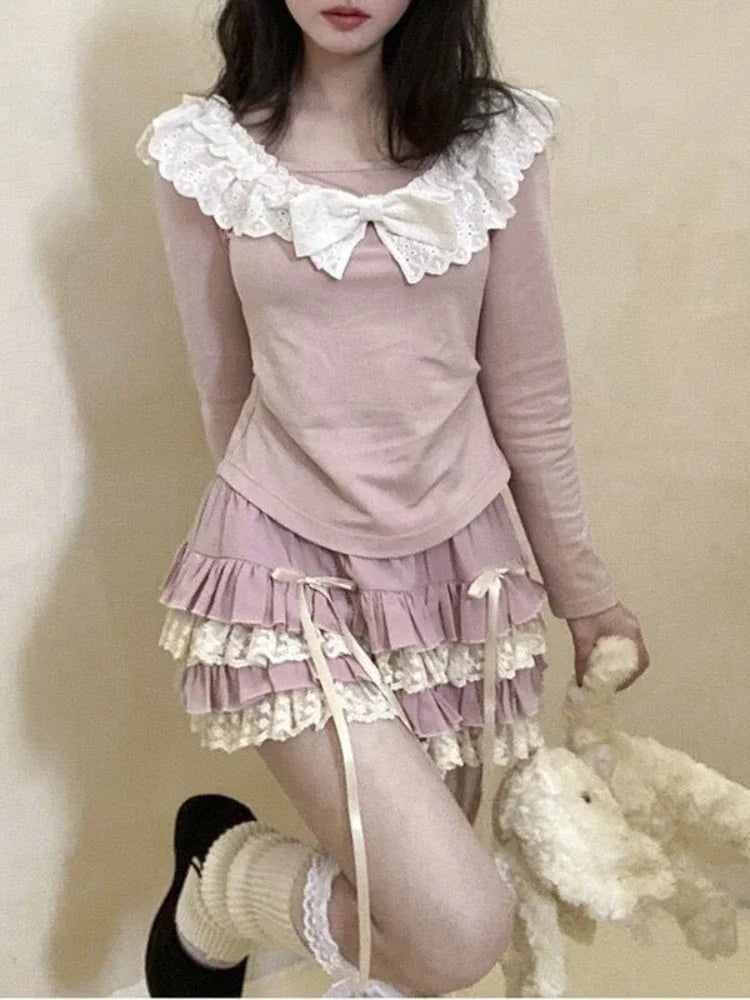 LIZAKOSHT  -  Pink Lace Sweet Lolita Cake Skirt Women A-line Japanese Kawaii Cute Skirt Female Bow Korean Elegant Fairy Skirt Autumn New