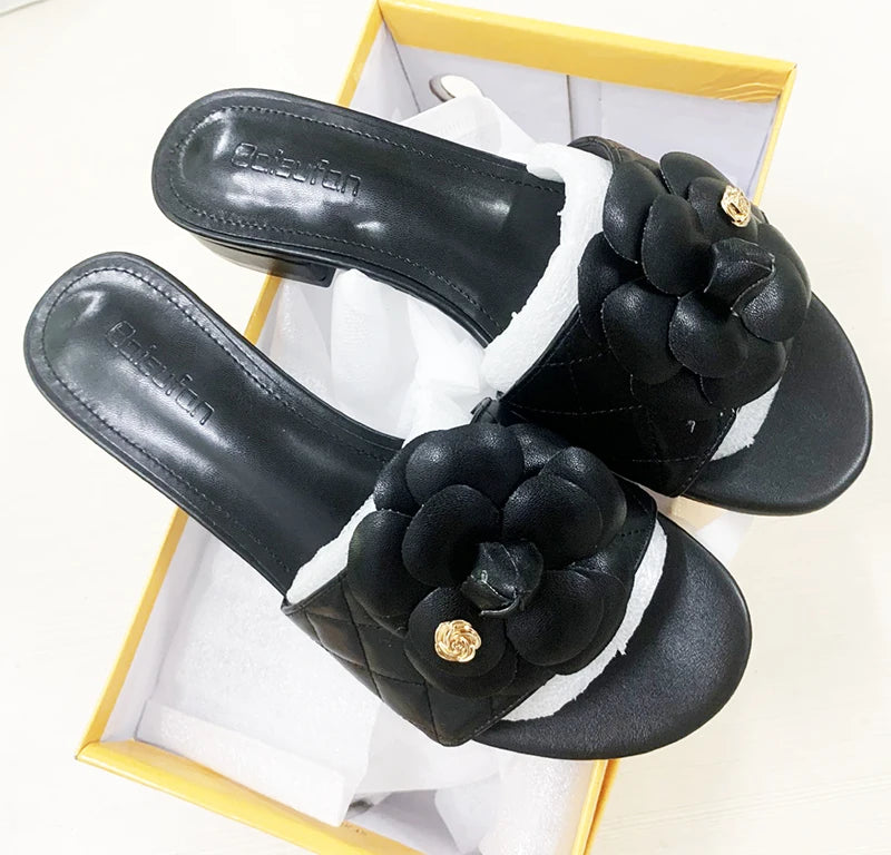 LIZAKOSHT  -  new designer camellia flower slippers women plaid leather slides shoes floral buckle leather flip flops woman flat sandales