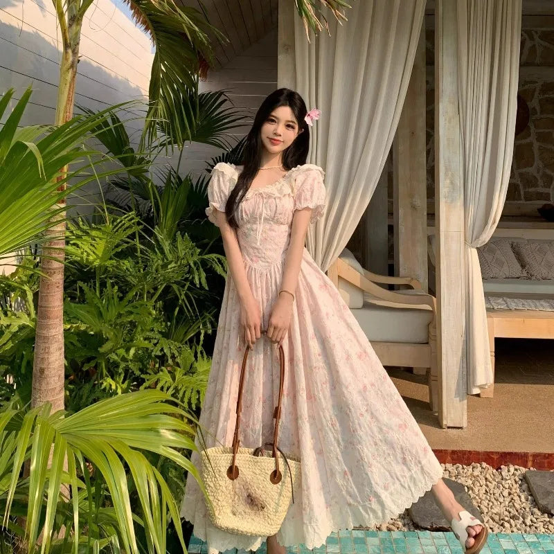 LIZAKOSHT  -  Sweet Print Floral Women Dresses Puff Sleeve Beach Style Elegant Long Dress Korean Fashion Vintage Vestidos Mujer