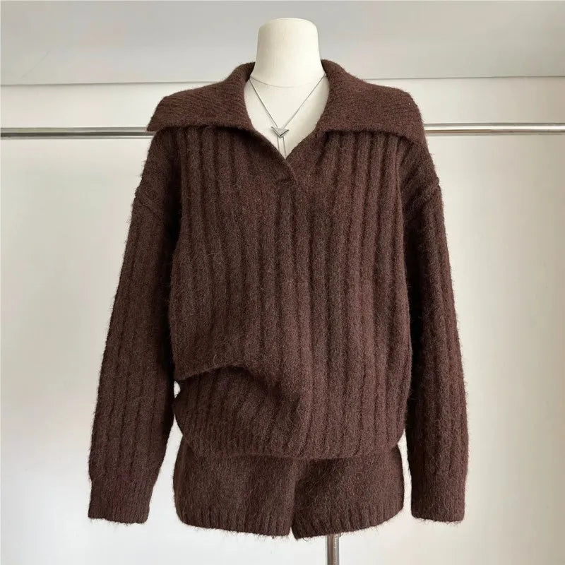 LIZAKOSHT  -  New In Matching Sets Two Piece Outfits 2 Pieces Set For Woman All-match Loose Simple  Sweater Comfortable Shorts Knitted