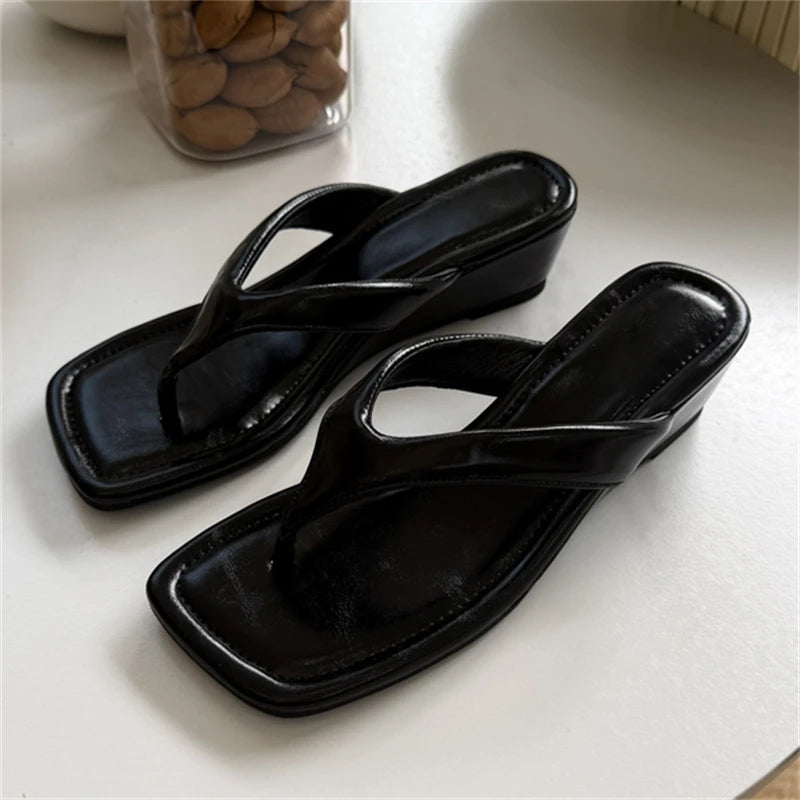 LIZAKOSHT  -  Woman Slippers Summer Square Clip Toe Wedges Low Heels Outdoor Shoes Fashion Flip Flops Zapatos De Mujer