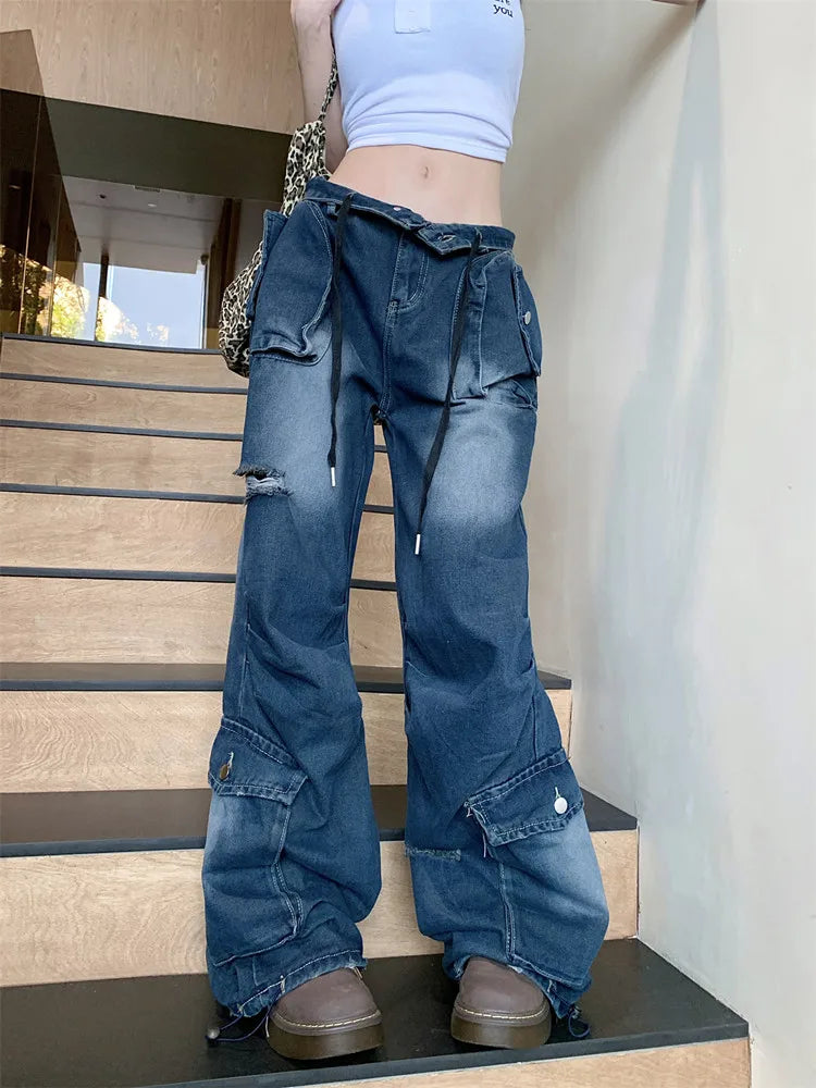 LIZAKOSHT  -  Trashy Y2K Streetwear Multi Pockets Baggy New Jeans Cargo Pants Women Clothes Wide Leg Loose Straight Lady Denim Trousers