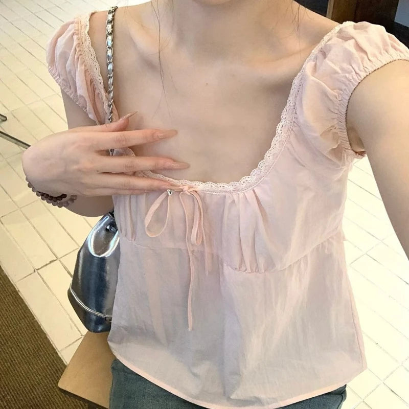 LIZAKOSHT  -  Kawaii Sweet Japanese Pink Lace Summer T-Shirts 2-piece Set Women's Fashion France Designer Loose Off Shoulder Tees Clothes New