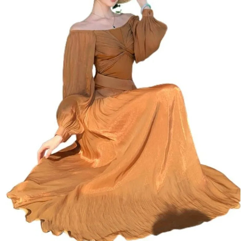 LIZAKOSHT  -  2026 French Style Glossy Lantern Sleeves Kinked Butterfly One-word Shoulder Dress Pendant Long Dress