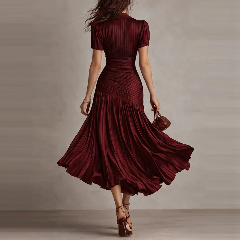 LIZAKOSHT  -  Temperament Lapel Short Sleeve Commute Dress Elegant Lady High Waist Pleated Dress Summer New Solid Color Simple Party Dresses