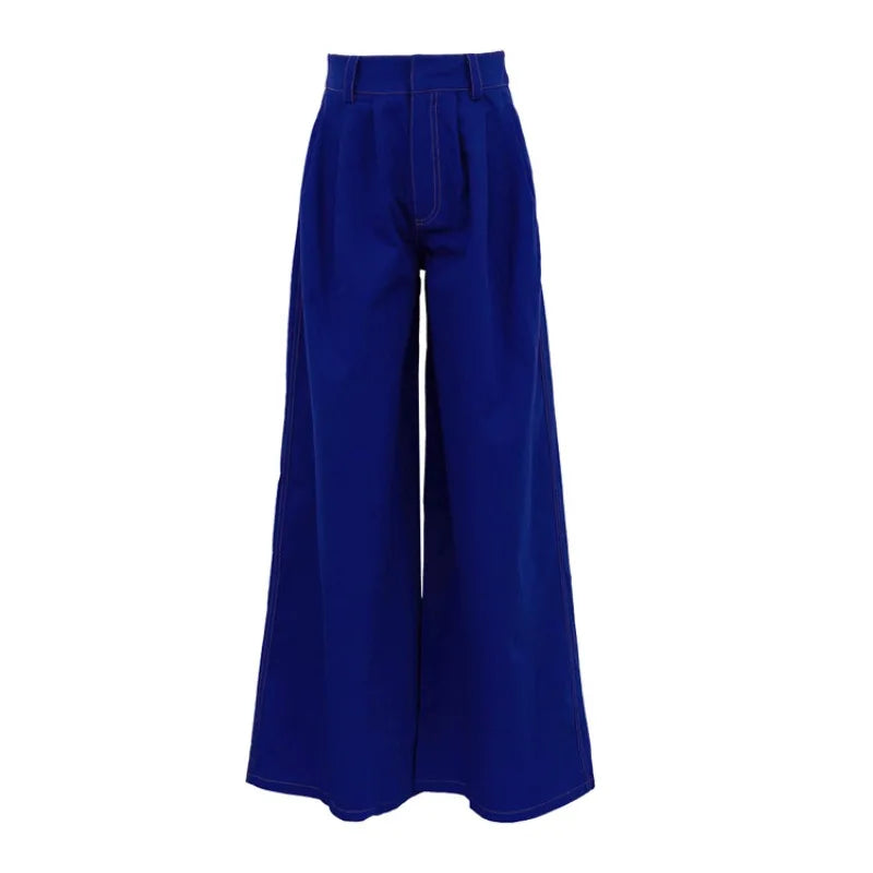 LIZAKOSHT  -  Stylish Street American Double Pocket Blue Trousers Women's Loose Straight Wide Leg Pants