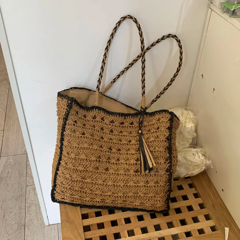 LIZAKOSHT  -  Mesh Crochet Beach Bags Women Hollow Out Straw Woven Tote Bag Seaside Vacation Square Knitted Handbag with Tassel