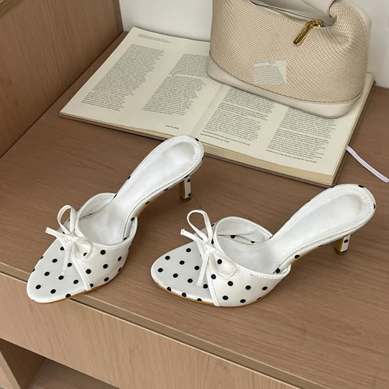LIZAKOSHT  -  High Quality Silk Butterfly-kont Polka Dot Thin Heels Women Slippers Fashion Summer Party Dress Slide Shoes