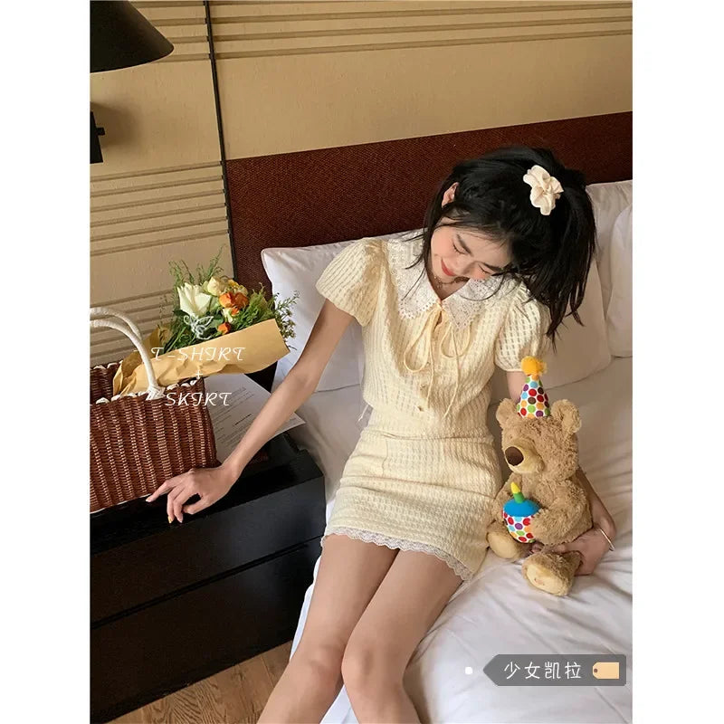 LIZAKOSHT  -  Summer Yellow Fashion 2 Piece Sets Cute Girl Short Puff Sleeve Lace Doll Collar Shirt Top&Mini Skirt 2pc Dress Suits