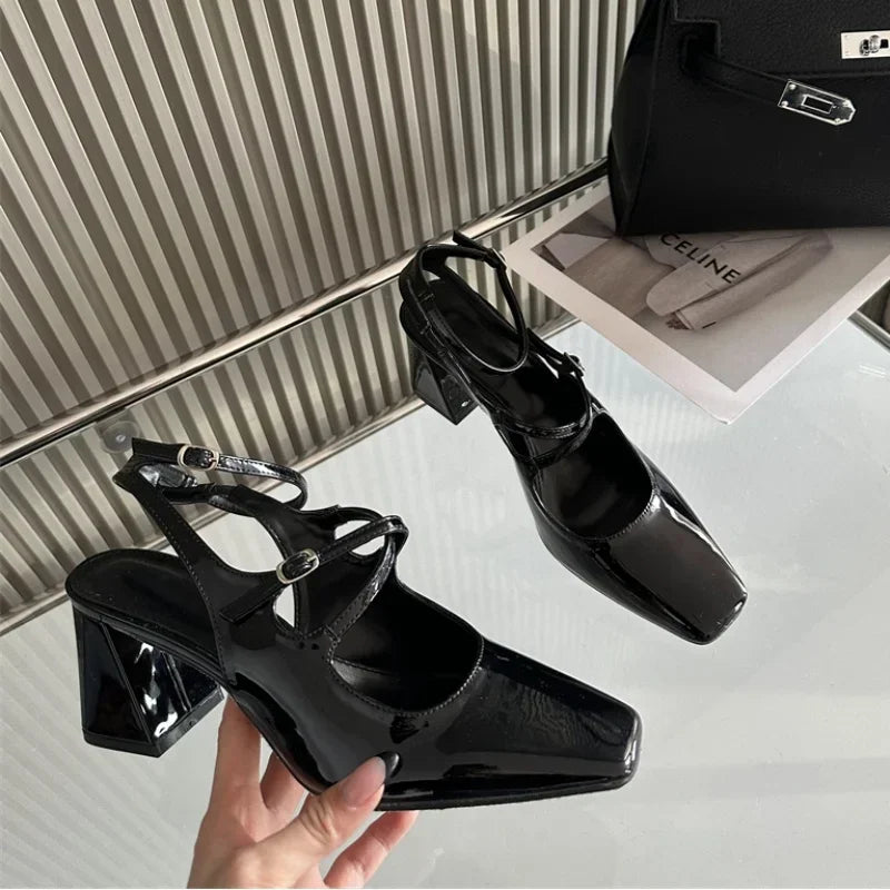 LIZAKOSHT  -  Fashion Fashion Mary Jane Shoes Women Retro Elegance Chunky Slingback Shoes Belt Buckle Leopard Print High Heeled Sandals Women