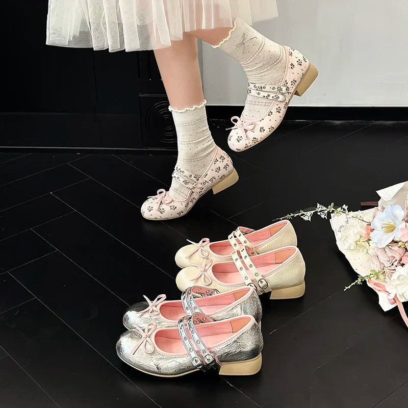 LIZAKOSHT  -  Lolita Style Sweet Low Heel Women Mary Jane Shoes Designer Buckle Strap Pumps Ladies Eelgant Floral Print Dress Leather Shoes