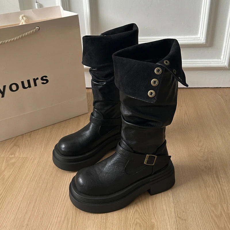 LIZAKOSHT  -  Autumn Winter Platform Thick Bottom Woman Knee High Boots Shoes Ladies Elegant Belt Buckle Knight Booties