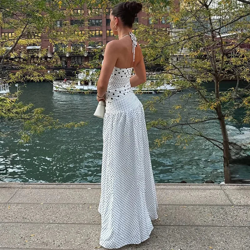 LIZAKOSHT  -  Women Polka Dot Halter Neck Maxi Dress Ruched A Line Vintage Elegant Holiday Beach Vacation Dress Spring Summer Outfit