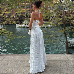 LIZAKOSHT  -  Women Polka Dot Halter Neck Maxi Dress Ruched A Line Vintage Elegant Holiday Beach Vacation Dress Spring Summer Outfit