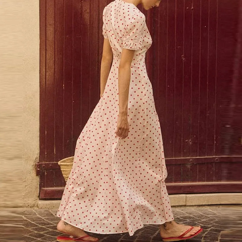 LIZAKOSHT  -  Elegant Polka Dot Printed Bohemian Women Long Dress Fashion Hight Wasit Party Dress V-neck Short Sleeve Seaside Vacation Dress