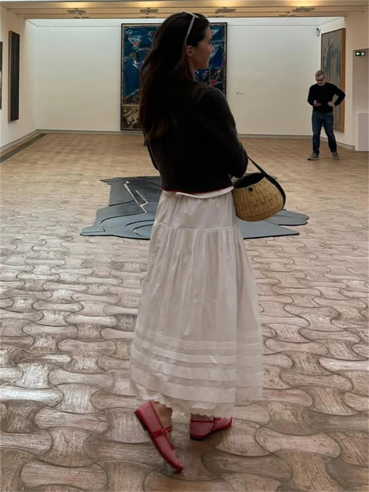 LIZAKOSHT  -  White High Waist Lace Long Skirt Female Pleated Casual Basic Summer Solid Loose Elegant Maix Skirt Women's Clothes Femme