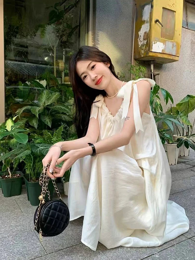 LIZAKOSHT  -  Summer Chiffon Bow Camis Dress Women Summer Irregular Sleeveless Midi Dress Loose Beach Vacation All Match A Line Vestidos