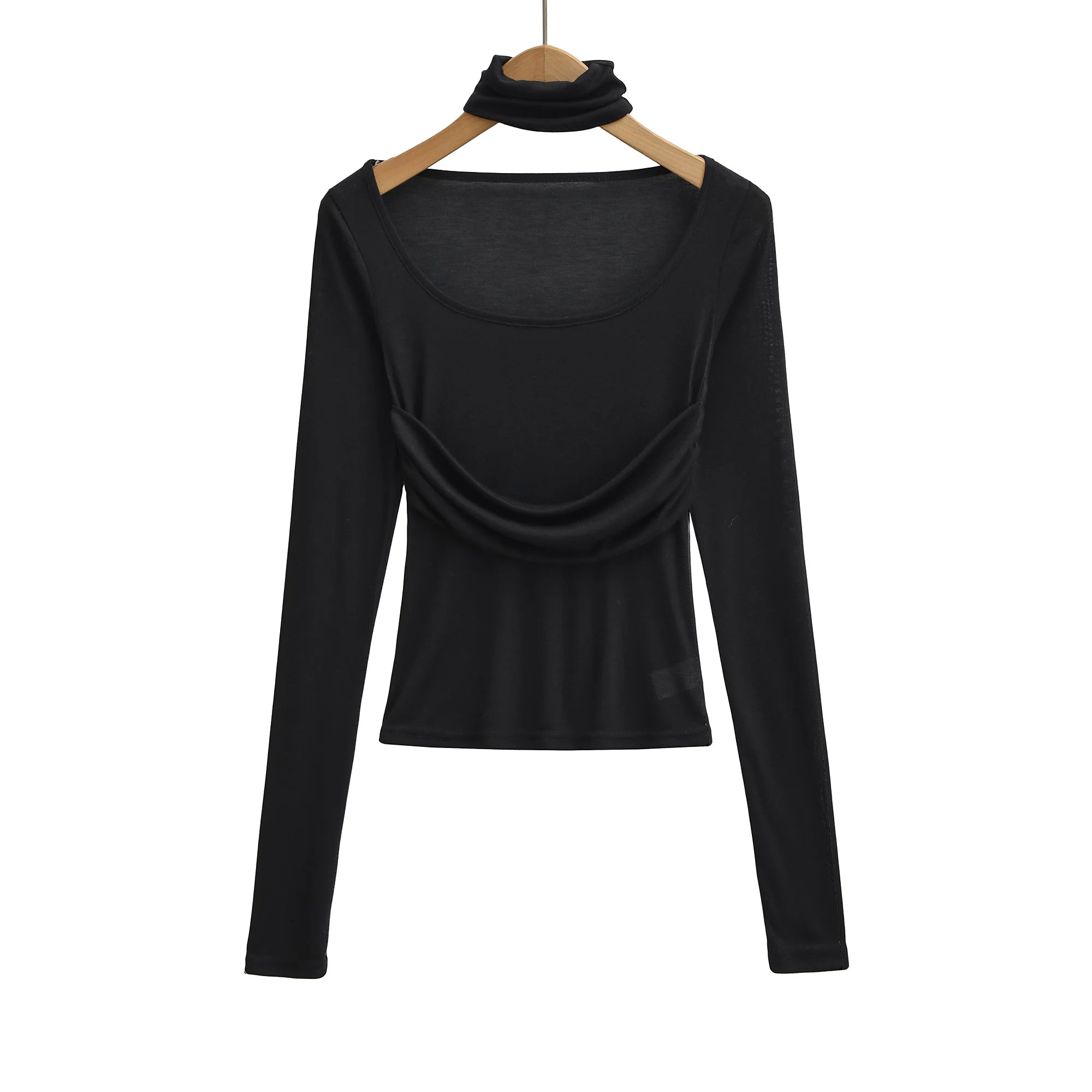 LIZAKOSHT  -  3 color Spring Removable High Collar Long Sleeve T Shirt Women Spliced Ruched Chest Stretch T-shirt Skinny Top Apricot White