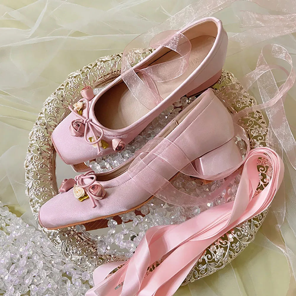 LIZAKOSHT  -  Summer Cute Square Toe Ballet Flats Shoes Women with Riband Sweet Satin Slip On Comfortable sole Office Lady Daily Shoes