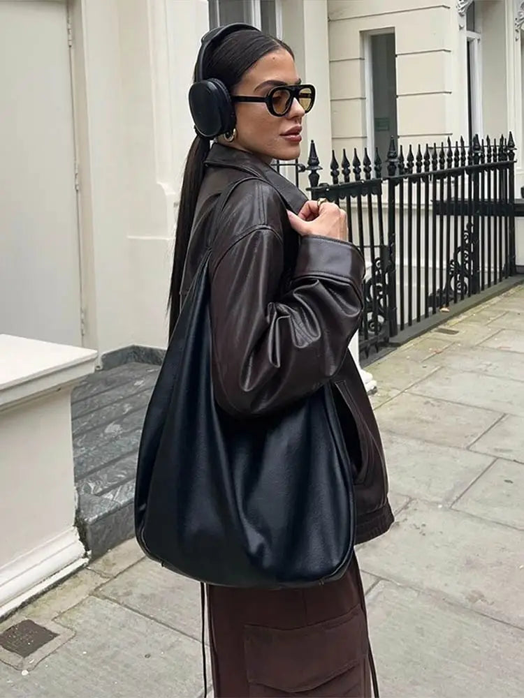 LIZAKOSHT  -  Textured Leather Jacket Coat Vintage Matte Zipper Short Outwear Top Lapel  Cool Fashion Commuter Loose Slimming Biker Jackets