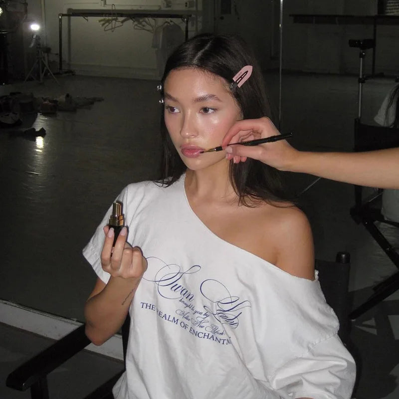 LIZAKOSHT  -  Letter Print Graphic T Shirts White Oversized One Shoulder Tops Womens Summer Fashion Clothing Trends 2025
