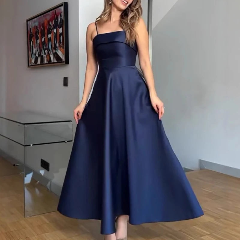LIZAKOSHT  -  Sexy Waist Cinching Sleeveless Pleated Party Dress Leisure Ladies Solid Dresses French Style Vintage Satin Sling Evening Dresses