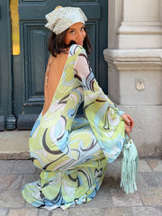 LIZAKOSHT  -  Print Sheer Mesh Deep Backless Flare Sleeve Midi Bodycon Dress Bell Sleeve  Summer Beach Resort Party Outfit