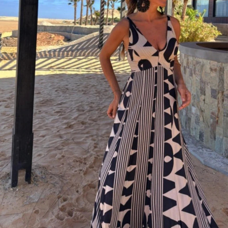 LIZAKOSHT  -  Summer Deep V Neck Aesthetic Printing Backless Sleeveless A-line Maxi Dresses Vacation Holiday Party Vestidos 2025