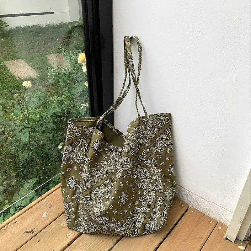 LIZAKOSHT  -  Fashion Student Canvas Bag Large Capacity Handbag Retro Cashew Flower Shoulder Bag Casual Tote For Woman