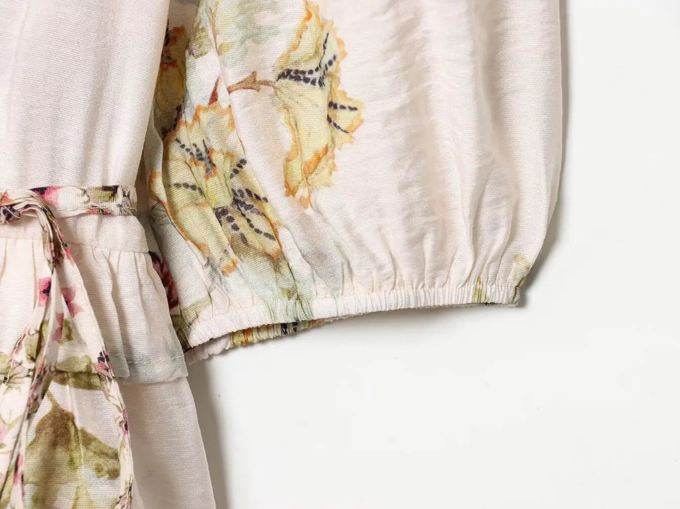 LIZAKOSHT  -  BOHO Light Pink Floral Print Tie Bow Sashes Wrap Shirt Short Women V neck Puff Sleeve Wood ears Waist Kimono Blouse Holiday Cape