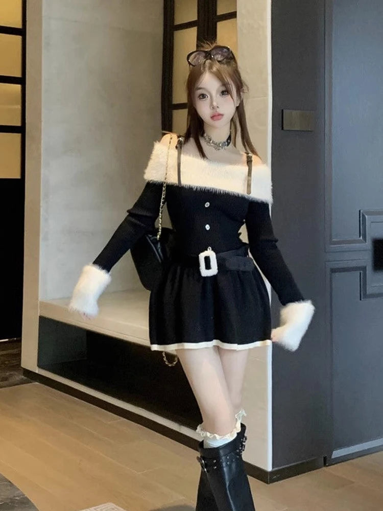 LIZAKOSHT  -  Women Knitted Mini Dress Autumn Hottie Slash Neck Patchwork Fashion Camisole Dresses Off Shoulder Belt Button Casual Vestidos