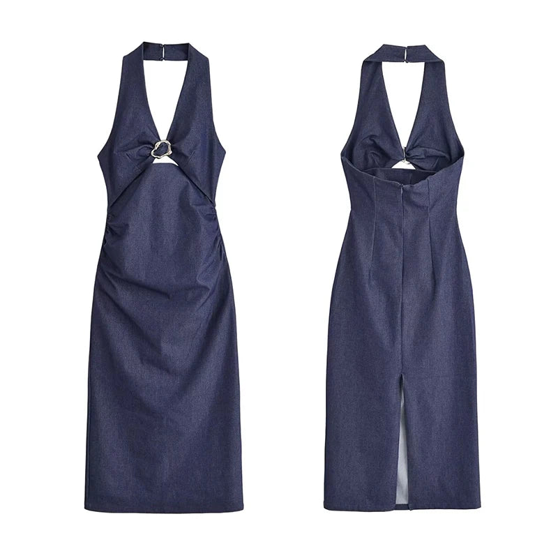 LIZAKOSHT  -  Denim Dress Summer 2025 New Fashion Slim V-neck Hanging Neck Elegant Long Dress Women Street Holiday Chic Youth Party Dress