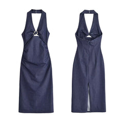 LIZAKOSHT  -  Denim Dress Summer 2025 New Fashion Slim V-neck Hanging Neck Elegant Long Dress Women Street Holiday Chic Youth Party Dress