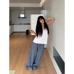 LIZAKOSHT  -  Women Blue Baggy Wide Leg Sweatpants Oversize Plaid Pants Harajuku 2000s American Style Vintage Y2k Trouser Summer