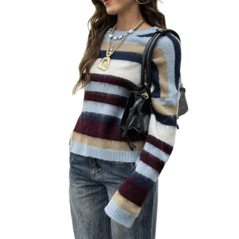  LIZAKOSHT  -  Women Multicolor Block Stripe Crew Neck Knit Sweater Loose Long Sleeve Pullover
