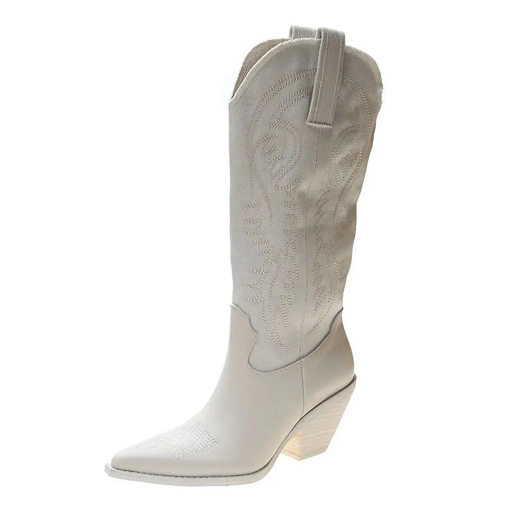 LIZAKOSHT  -  Retro Western Boots Vintage Cream Cowboy Boots Women Shoes Embroidered Pull On Chunky Heels Mid Calf Black Cowgirls Boots