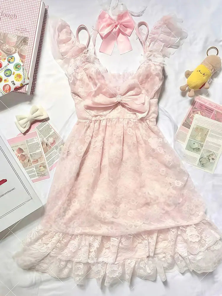 LIZAKOSHT  -  Summer Sweet New Pink Bow Dress Suit Women's Fashion Kawaii Cute Lace Overclothes France Designer Slim A-line Sling Dresses