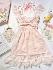 LIZAKOSHT  -  Summer Sweet New Pink Bow Dress Suit Women's Fashion Kawaii Cute Lace Overclothes France Designer Slim A-line Sling Dresses