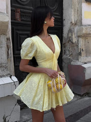 LIZAKOSHT  -  Summer New Women's Cotton Embroidered Dress Bubble Sleeve V-neck Mini Skirt  Slimming Waist Dresses